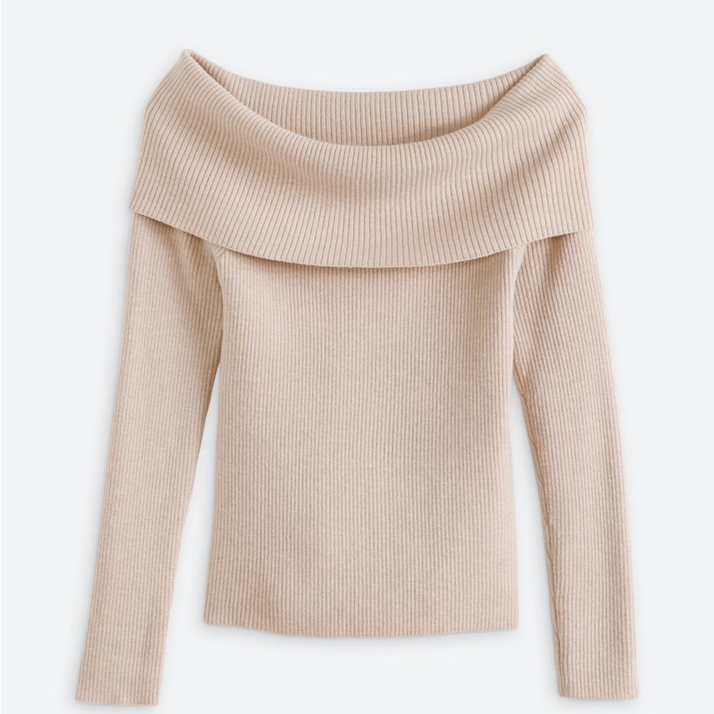 Lucy Paris Kingsley Off-the-Shoulder Rib Top Sweater - Beige